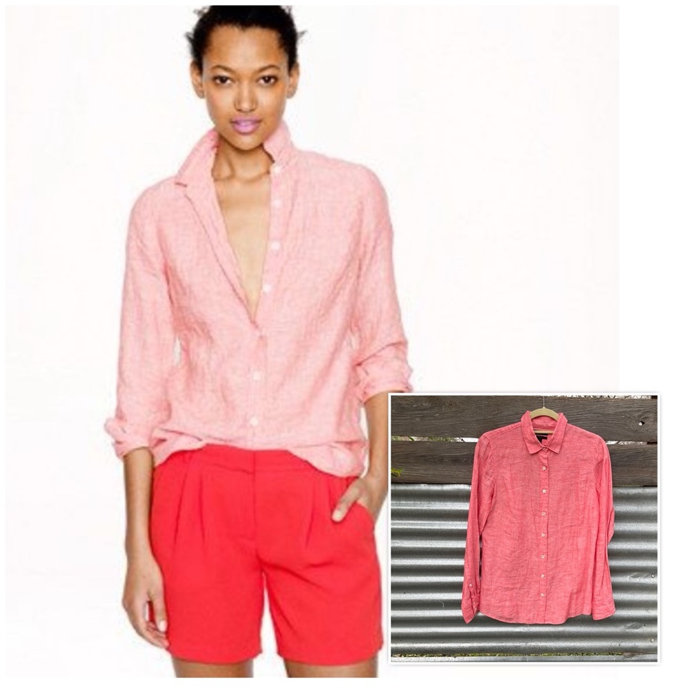 J. Crew Perfect 100% Crosshatch Linen Button Down Long Sleeve Shirt Size 4